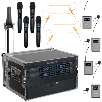 AT-RS4A | 4 Channel Wireless Microphone System with 4 Handhelds, 4 Lavaliers, 4 Headsets with Body Packs and Antenna Combiner