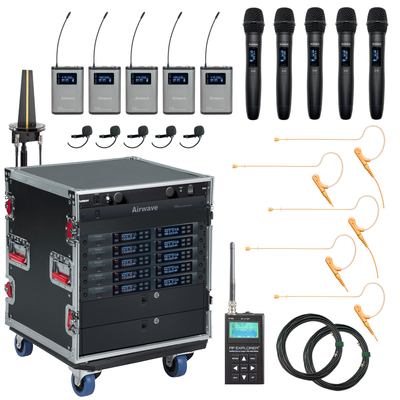 AT-SYS-10-COMBO | 10 Channel Wireless Microphone System with 5 Handhelds, 5 Lavaliers, 5 Headsets with Body Packs